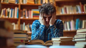 A sad student against the background of bookshelves. Exam stress, academic failure and loss of motivation