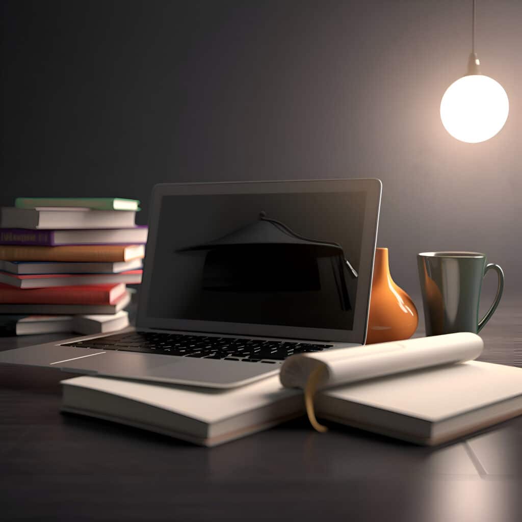 Laptop and books on the table. 3d render illustration.